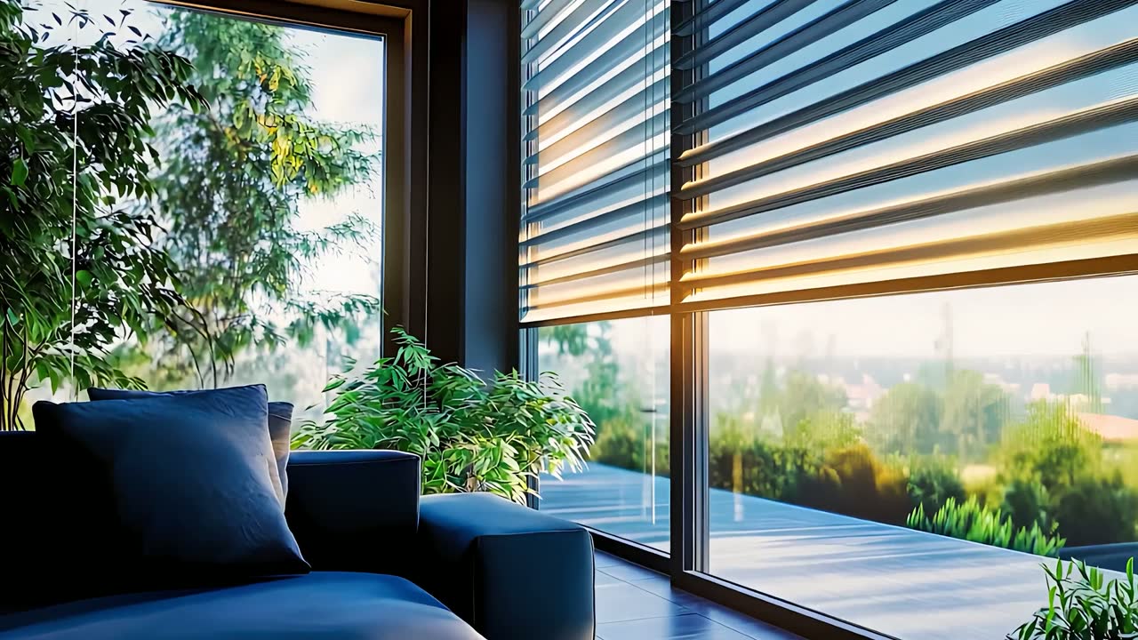 Wohnraum mit heller Jalousie an bodentiefem Fenster, Abendsonne fällt durch die Lamellen